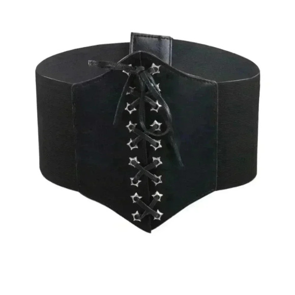 Black Faux Leather Lace-up Wide Waist Elastic-band Corset - Picture 2 of 7